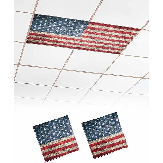 4 Pack Fluorescent Light Cover for Ceiling Lights, American Flag Magnetic Classroom Light Filters 4x2 Feet, Vintage Blue Red USA Flag Decorative