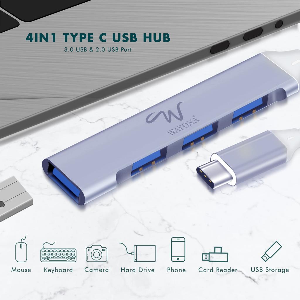 Wayona USB 4 Ports USB and 3 USB Data Compatible with and Smartphones with Gray Type-C Hub, (1 3.0 2.0 Ports), Transfer, Laptops, PCs, MacBooks,