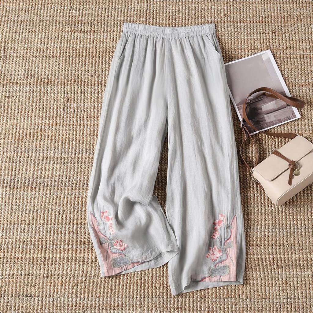 Retro Embroidery Pants Pleated Loose Leisure Versatile Wide Leg Pants Bohemian Vacation Slanted Pocket Breathable Trousers