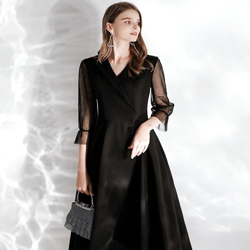 

French evening dress suit collar new sexy black annual meeting birthday party host fashion dress XS