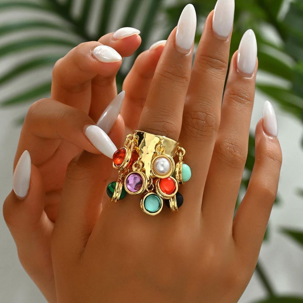 Multi-pendant Fringe Open Ring Vintage Exaggerated Ring Colorful Bead Rings Party Jewelry