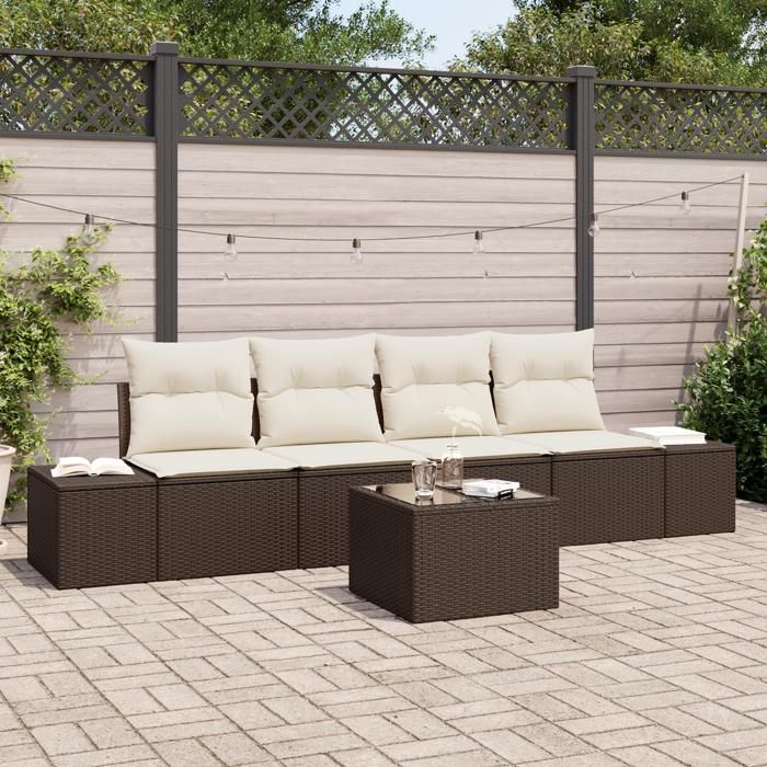 VidaXL Ensemble de canapé de jardin 5 pièces avec coussins marron en rotin poly 3346928