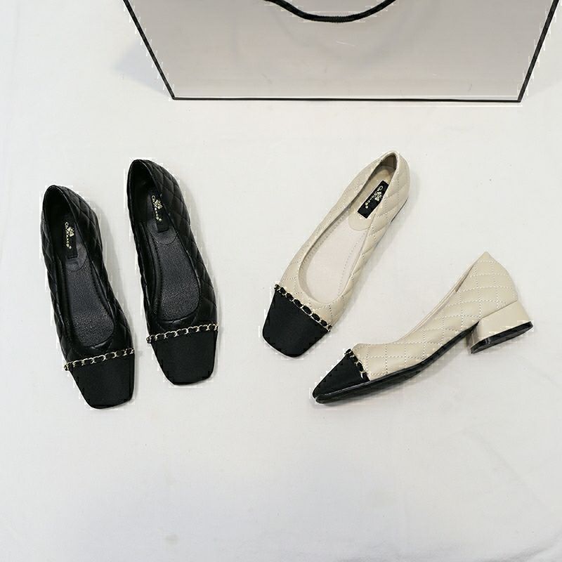 Square Head Thick Heel Single Shoes Women's New Spring and Autumn Fashion Small Fragrant Style Low Heel Shoes Versatile Women's Soft Sole Shoes