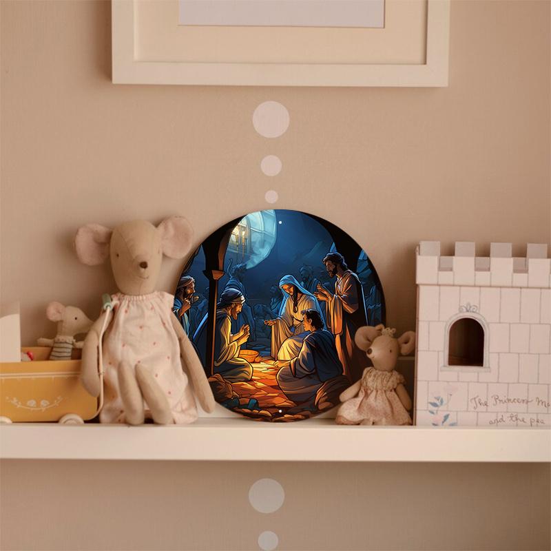 Wooden Festive Nativity Scene Sign, Circular Mark, Suitable for Living Room, Wall, Home Decoration, 8x8 Inch, 1Pc