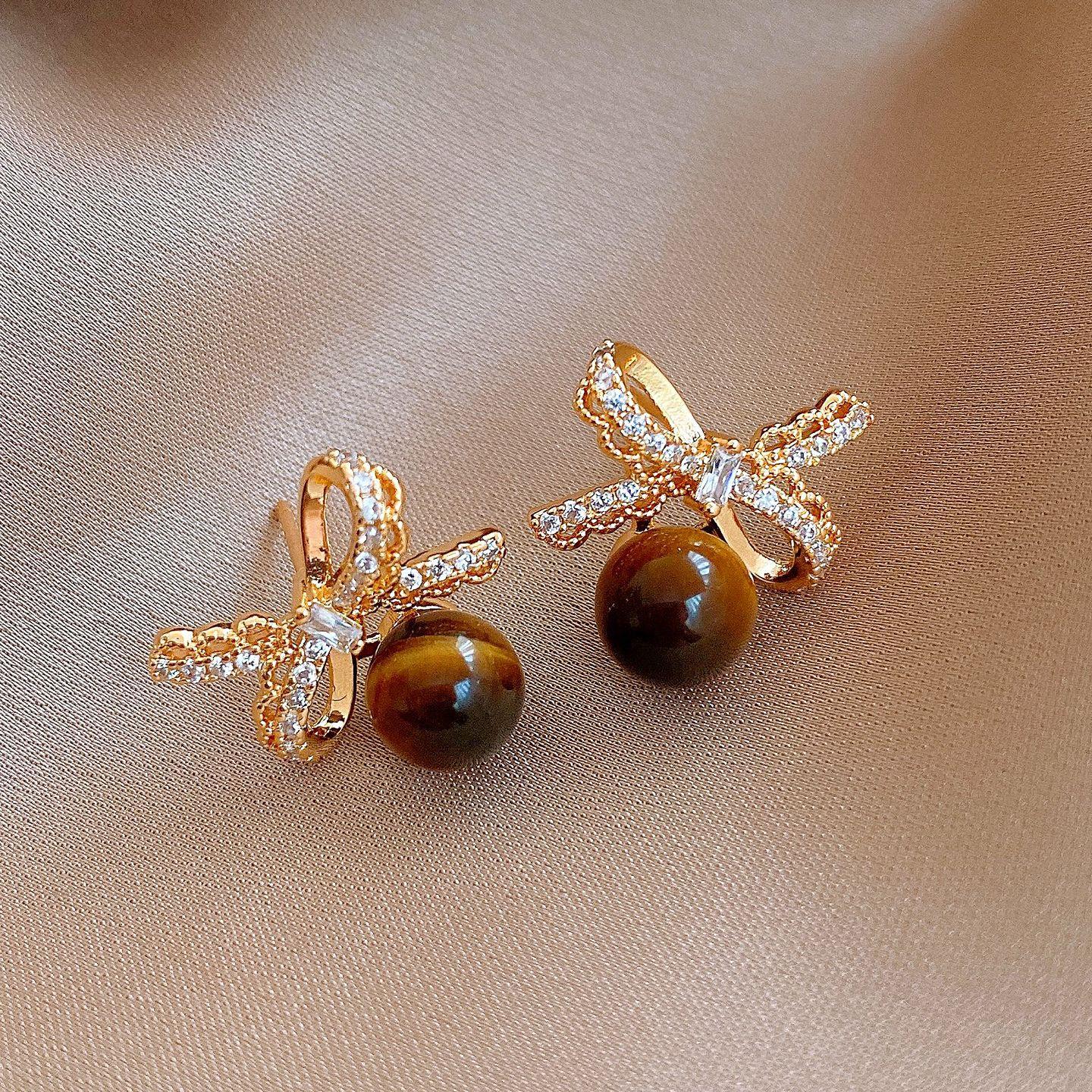 18k real gold electroplated zircon bow tiger s eye stone stud earrings exquisite earrings women