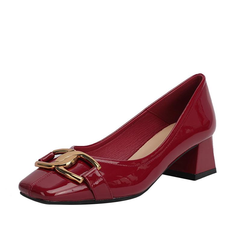 French Retro Sheepskin Patent Leather Square Head High Heels - Women's Two-Way Thick Heels for Autumn