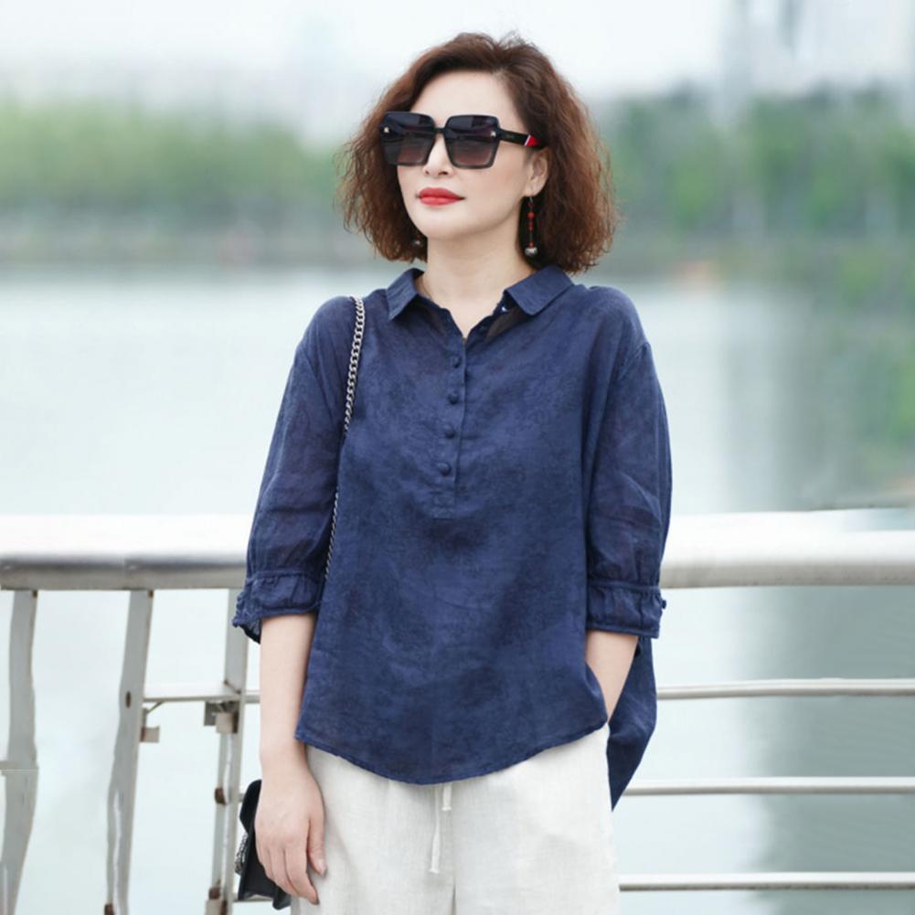 Women's Shirt Half Sleeve Lapel Loose Fit Thin Shirt Tops Buttons Neckline Pullover Tops Jacquard Print Solid Color