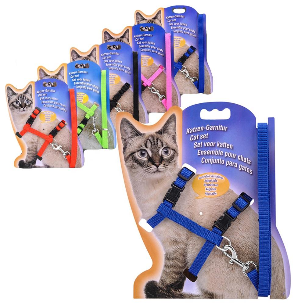High Quality Eco-Friendly Nylon Plaid Cat Leash Set and Chest Harness with Fur Decoration Buckle Closure for Outdoor Walking