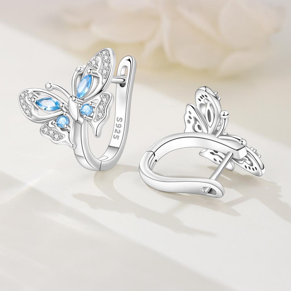 S925 Sterling Silver Blue Hollow Butterfly Earrings Hoop Earrings Women Jewelry Original Trendy Anniversary Gifts