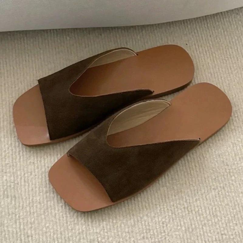 Fashion High Quality Faux Suede Square Toe Designer Brand Sandals Women Summer Sexy Open Toe Flat Sandal Comfortable Vacation Beach Shoe