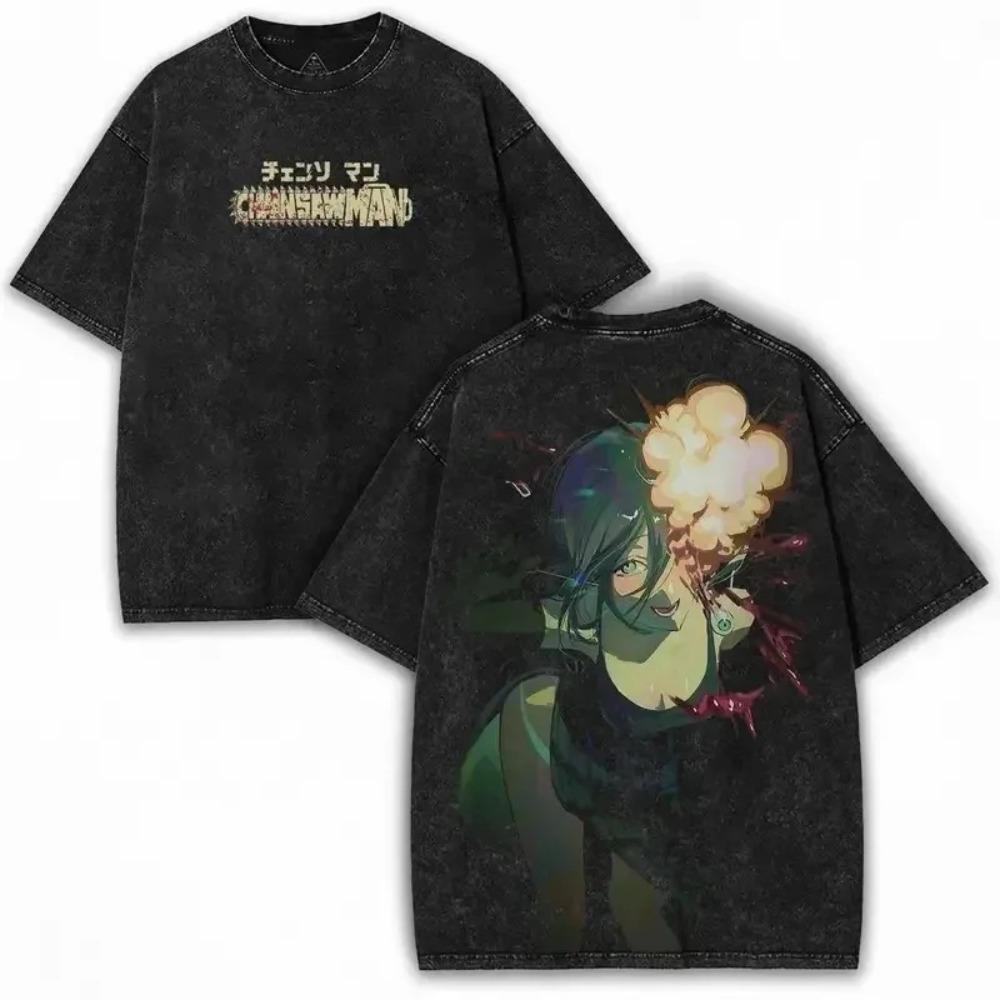 Chainsaw Man Reze (Bomb Devil) Flame Effect Vintage Washed Anime TShirt Unisex Manga Fan Streetwear Tee Cotton Casual Short Sleeve Top M