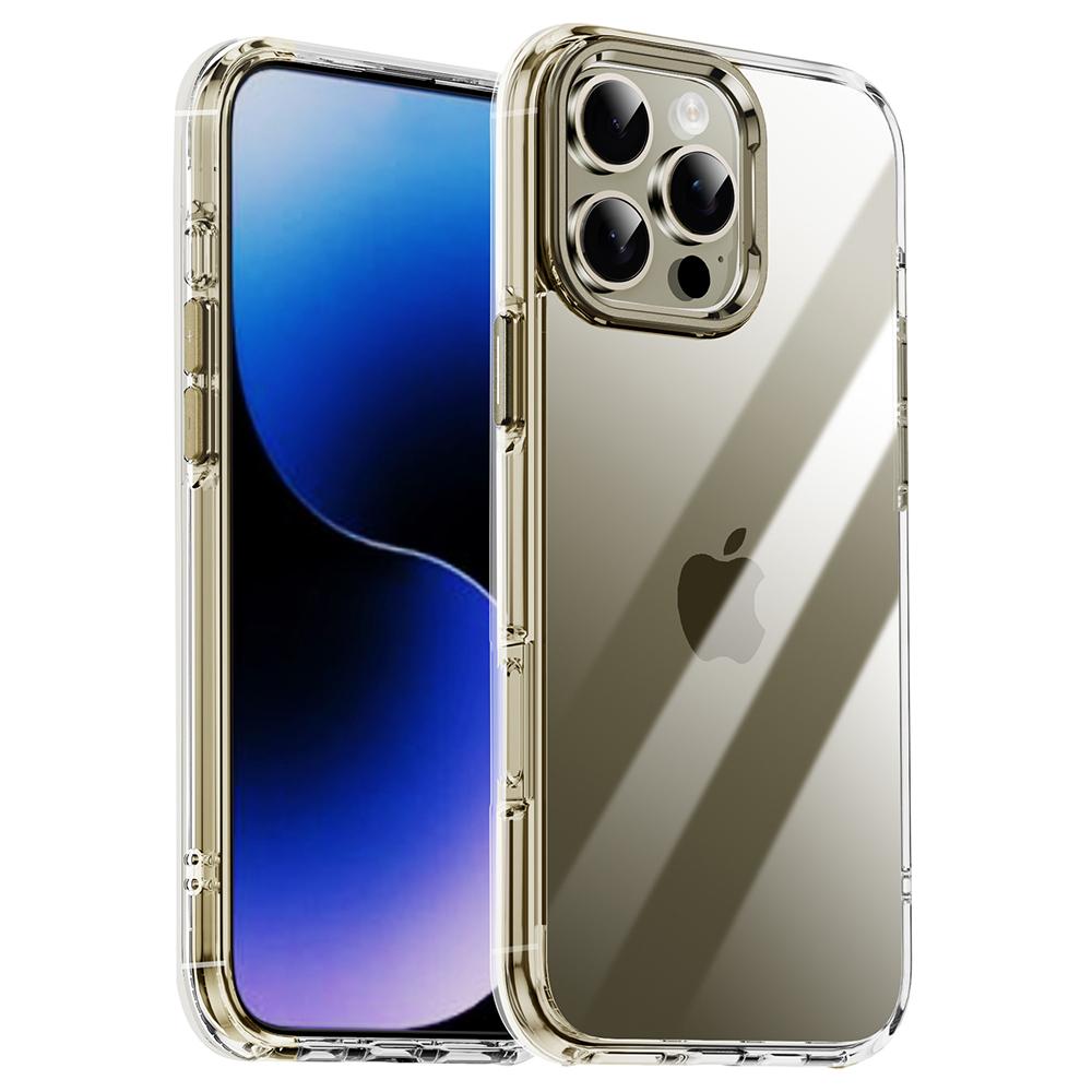 

IPAKY For iPhone 16 Pro Max Clear Case Metal Lens Frame Shockproof TPU Phone Cover Gold