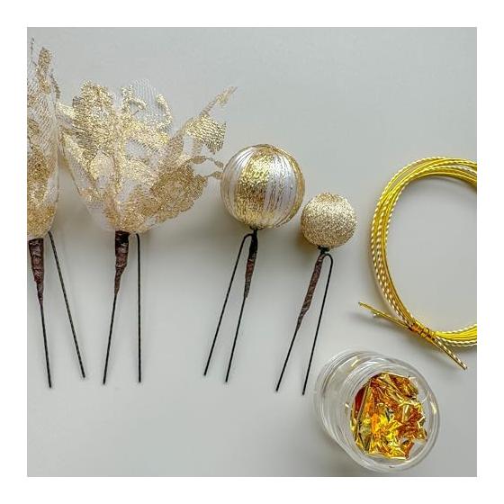 Gold Hair Accessory for Coming-of-Age Ceremony, Headpiece with Pearl Kanzashi, Mizuhiki, Gold Leaf, Lace, Japanese Traditional Kimono, Kanzashi for
