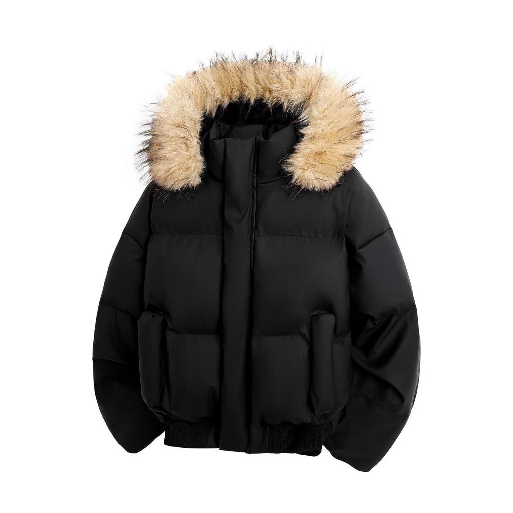 Couple's Winter Leather Down Jacket: Short, Loose, Thickened with Large Fur Collar and Hood.