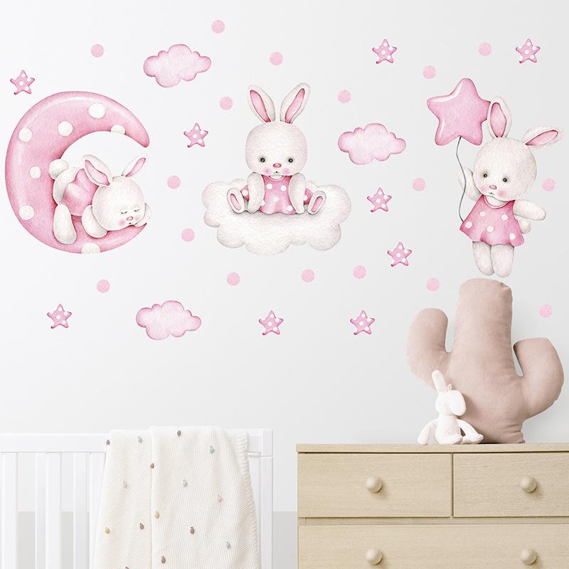 Cartoon Cute Pink Bunny Wall Stickers Girlish Style Girl Children's Room Kindergarten Self-adhesive Decoration Beautification
