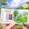 Mini Watercolor Sketchbook Paint Box Pocket Artist Travel Set 8/15-Color Metal Binder Clip Palette Walnut Wood Portable Pen