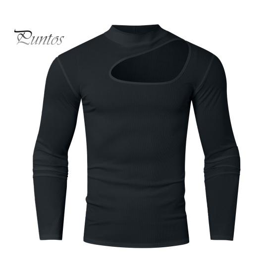 

Мужской топ с высоким воротником, рваный дизайн, однотонный, вырез, облегающий, для фитнеса, спортивная футболка, эластичная, уличная, спортивная одежда S чёрный