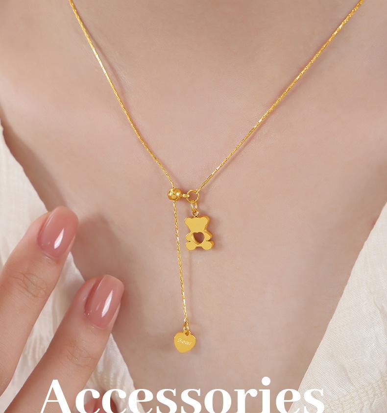 Adjustable Titanium Steel Heart-Shaped Necklace with Bear Pendant: European & American Retro Style