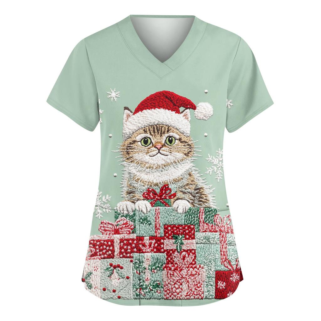 Women's Fashionable V-neck Workwear Christmas Printed Short Sleeved Pocket Side Slit Workwear Basic Pullover Top