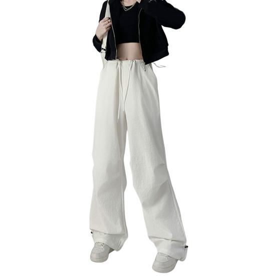 Women Cargo Pants Elastic High Waist Adjustable Drawstring Long Trousers Solid