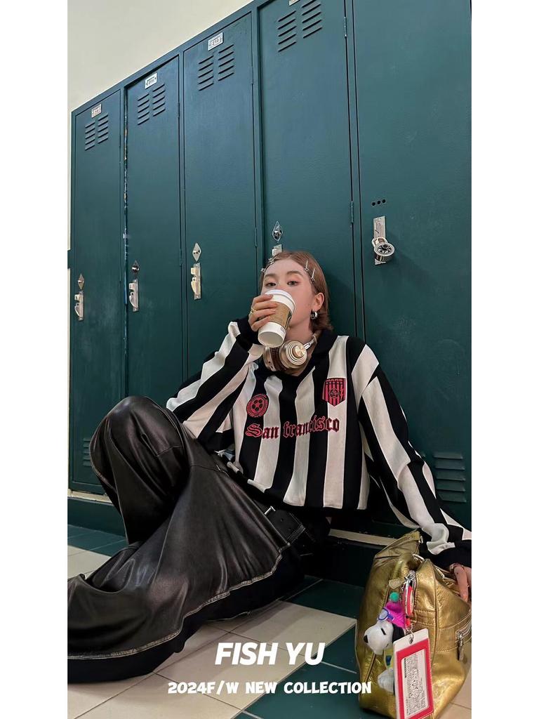 2025 Spring/Autumn Retro Jersey Vertical Stripe Letter Print Polo Collar Sweatshirt for Women