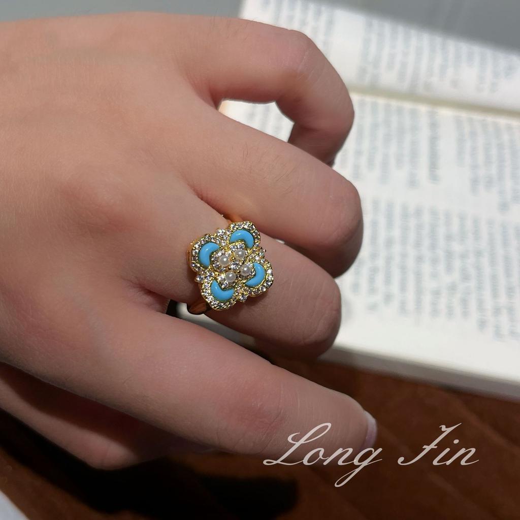 Light Luxury Retro Court Style Turquoise Imitation Pearl Four-Leaf Clover Necklace Bracelet Ring Light Luxury High-End Set