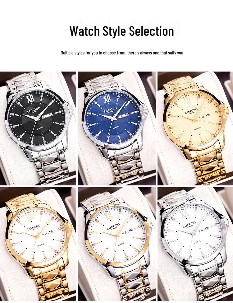 Longbo Men's Waterproof Luminous Korean Style Quartz Wristwatch with Double Calendar