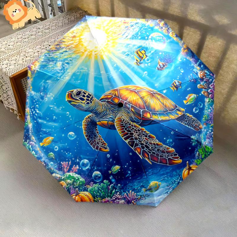 Sea Turtle Pattern, Automatic Folding Umbrella, Portable and Foldable Design, 8 Ribs, a Christmas or Birthday Gift.