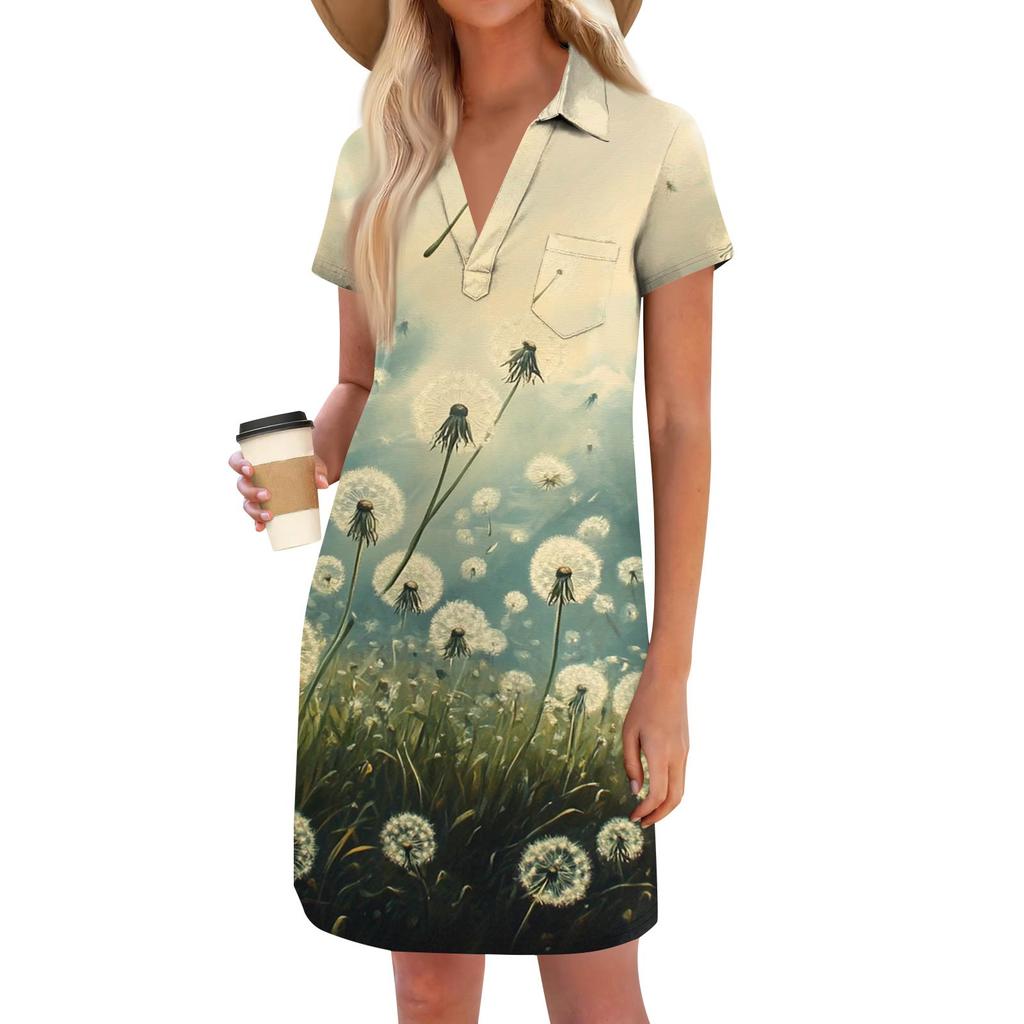 Women's Fashion Casual Loose Printed V-Neck Small Pocket Short Sleeve T-Shirt Dresses