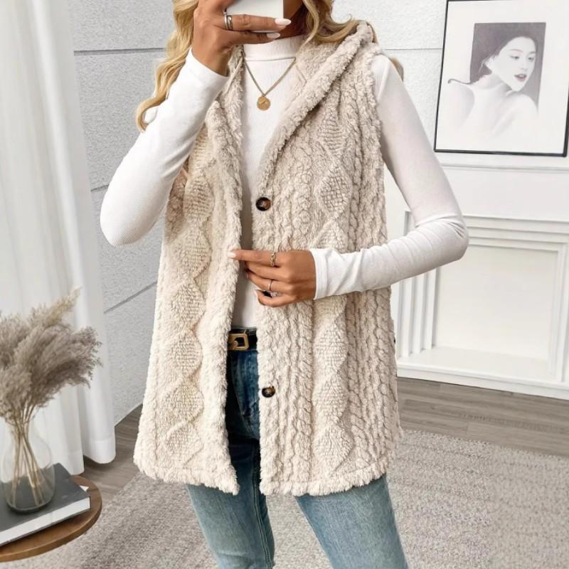 Women's Solid Color Knit Textured Fluffy Hooded Front Open Sleeveless Long Casual Plush Vest