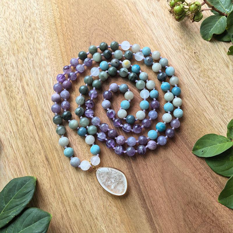 Hydroxy,Apatite,Lepidolite,Dream Amethyst Mala,White Crystal Pendant,108 Knotted Beads Meditation Necklace,Healing Crystals Gift