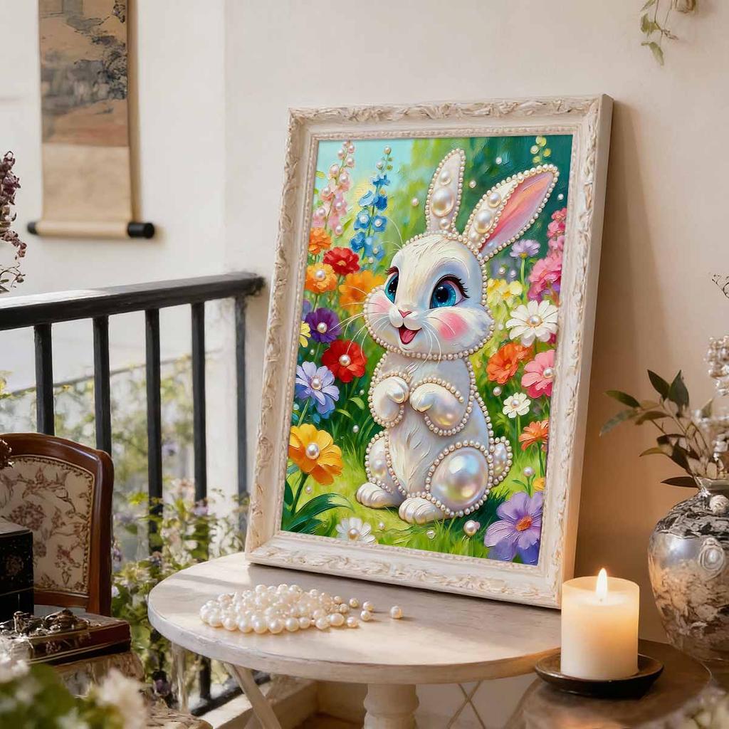 DIY Cute Little Rabbit Pearl Diamond Art Painting Kits for Adults and Beginners, Fine View Sparkling Painting Craft Home Wall Decor Handmade Gift