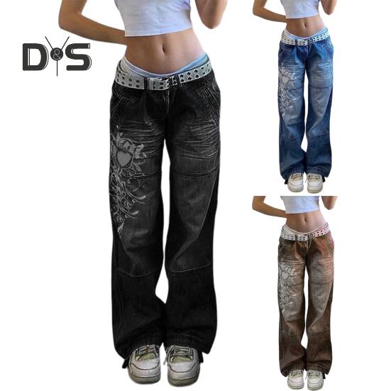 Women Jeans Mid Waist Irregular Individual Printing Retro Style Straight Wide Leg Patchwork Full Length Trousers for Vacation Travel Work School