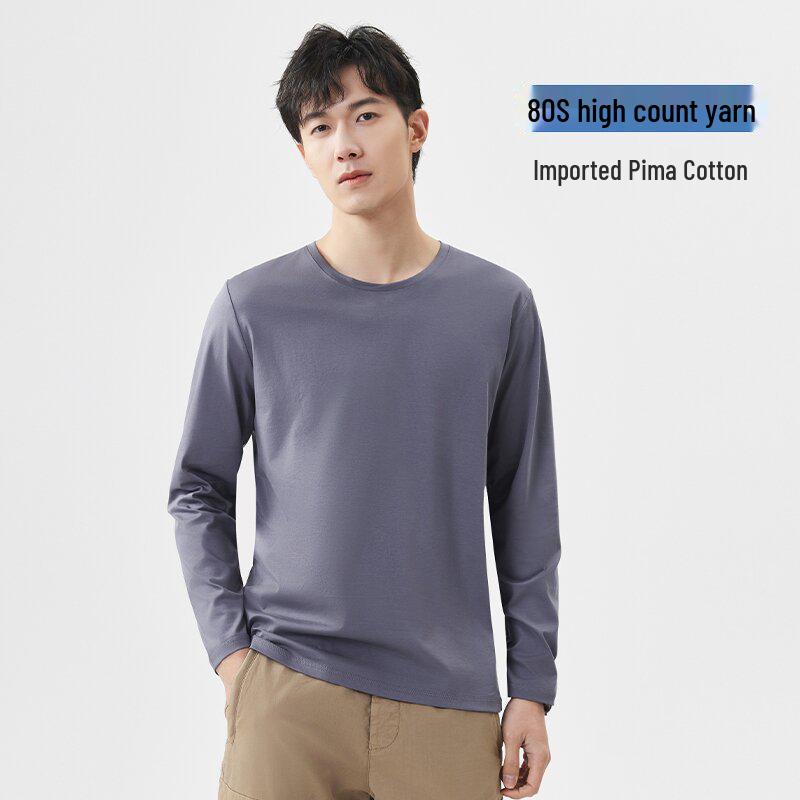 Men's 175g Pima Cotton Long-Sleeved Crew Neck T-Shirt, Solid Color, 80 Count, Versatile Casual Base Layer
