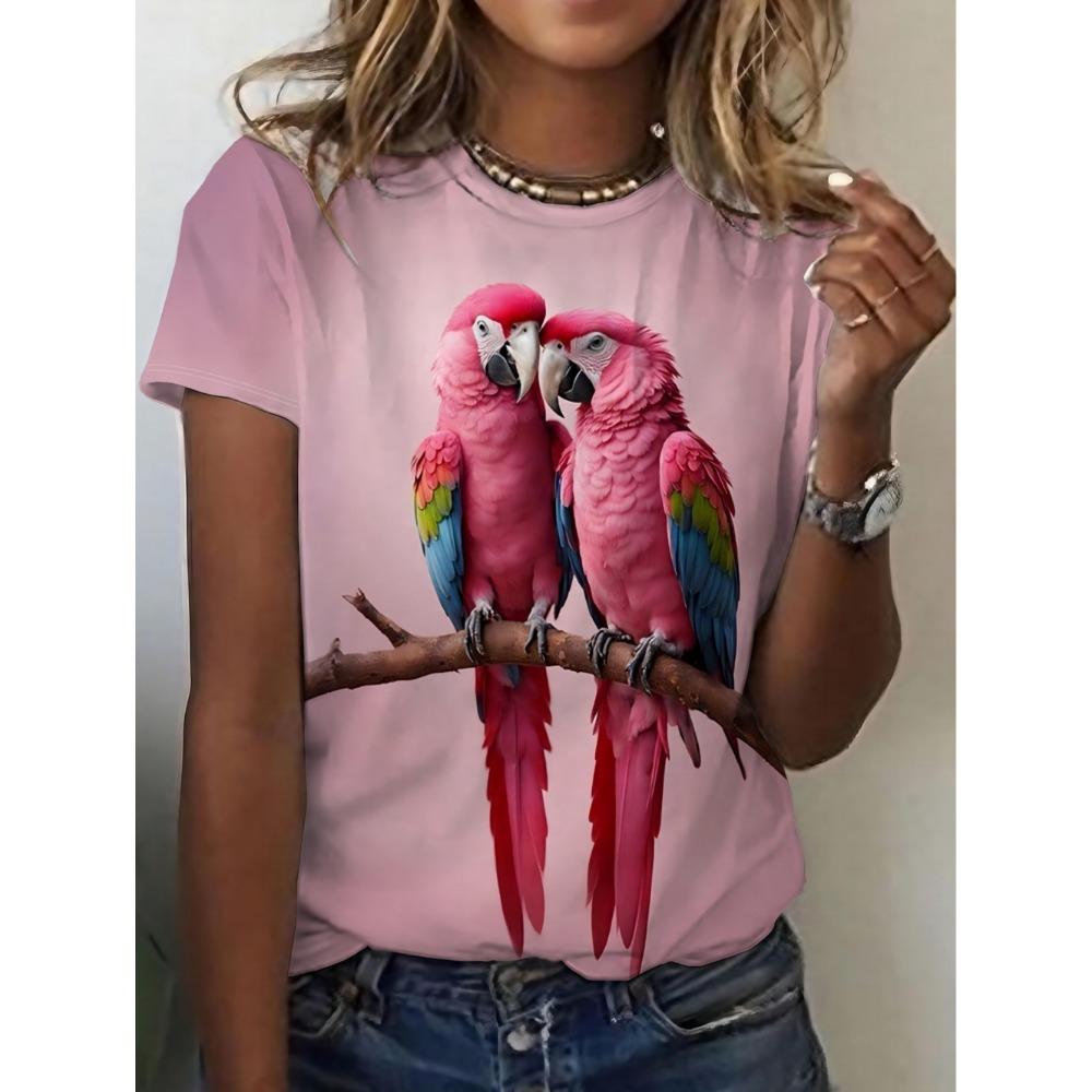2026 Summer Fashion 3D Parrot Print Women T-Shirts Casual O-Neck Short Sleeve Tees Animal Print Trend Daily Wear Female Clothing