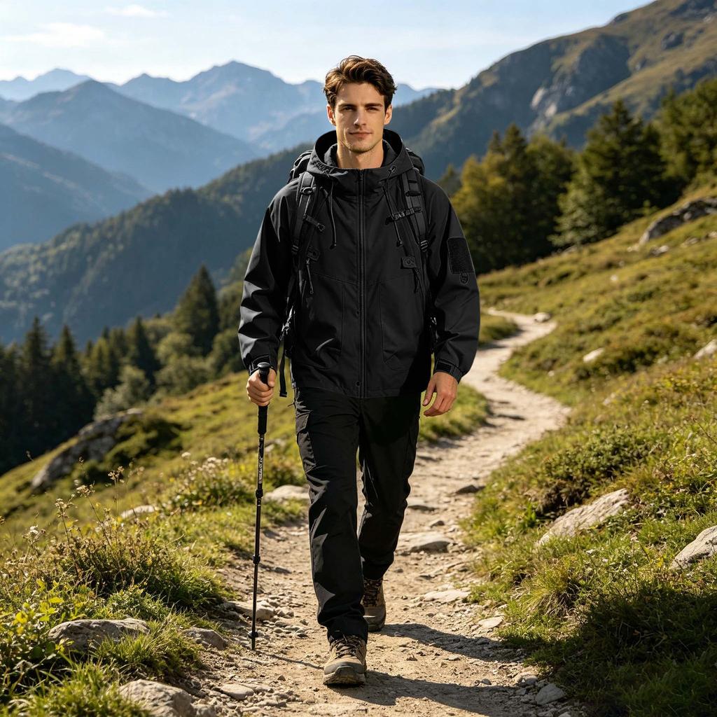 Men's Outdoor Hooded Jacket Thickened Loose Fit Windproof Waterproof Breathable Lightweight Shell for Hiking Camping