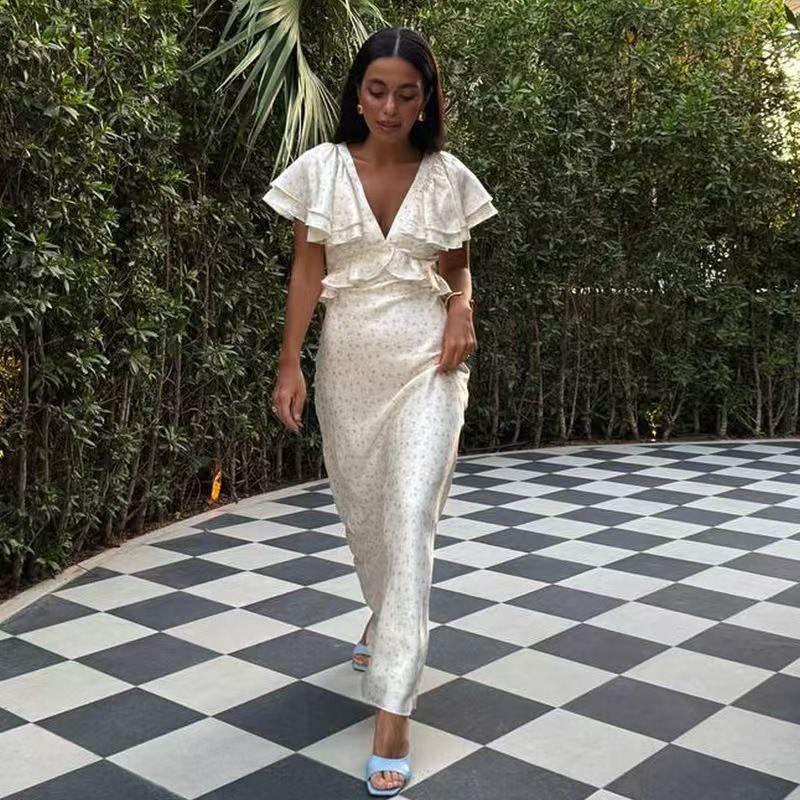 

Платье в западном стиле, новое, милое, с освежающим принтом, V-образным вырезом, рукавами с оборками и высокой талией, сексуальное платье с V-образным вырезом Beige S