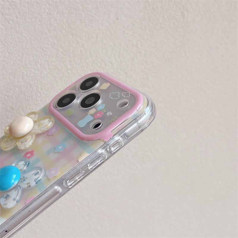 Plaid 3D Flower Pendant Phone Case for iPhone 17, 16 Pro Max/15 Pro - Girly Style
