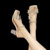 High Heels Women's Summer New Butterfly Rhinestone Word with Crystal Heel Sandals Square Head Thick Heel Slippers Women