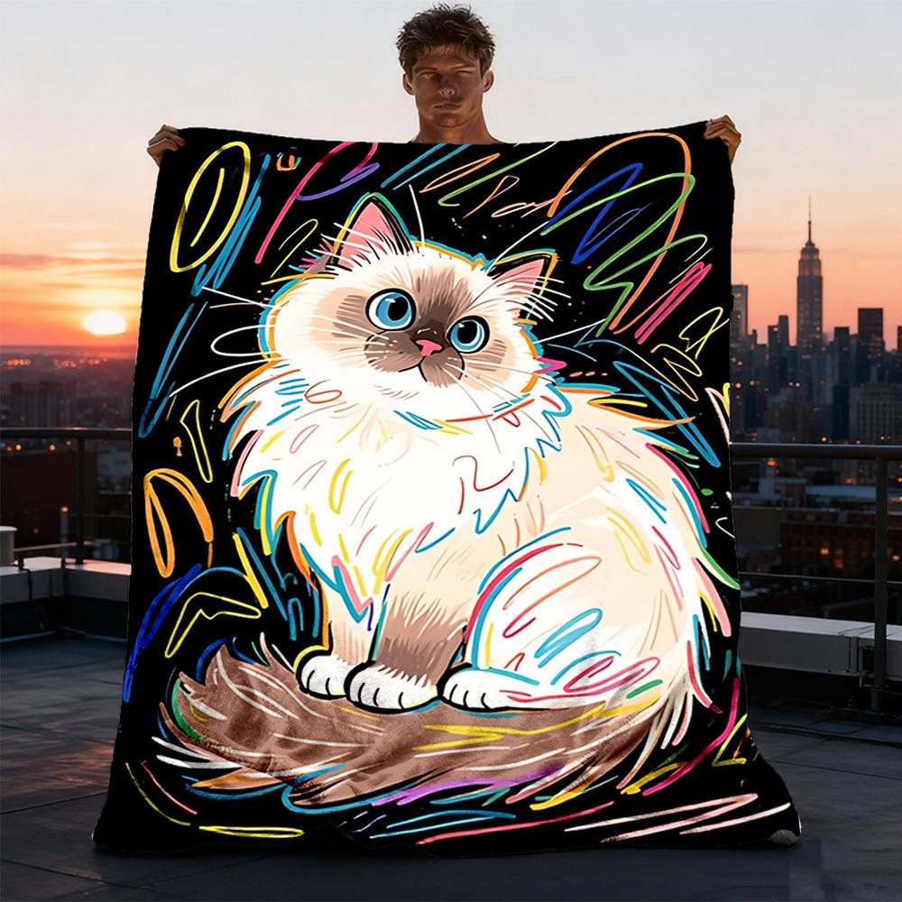1pc Colorful Cat Artwork Throw Blanket Polyester Fiber, Lightweight Flannel, Soft & Warm, All Season Use for Outdoor, Camping