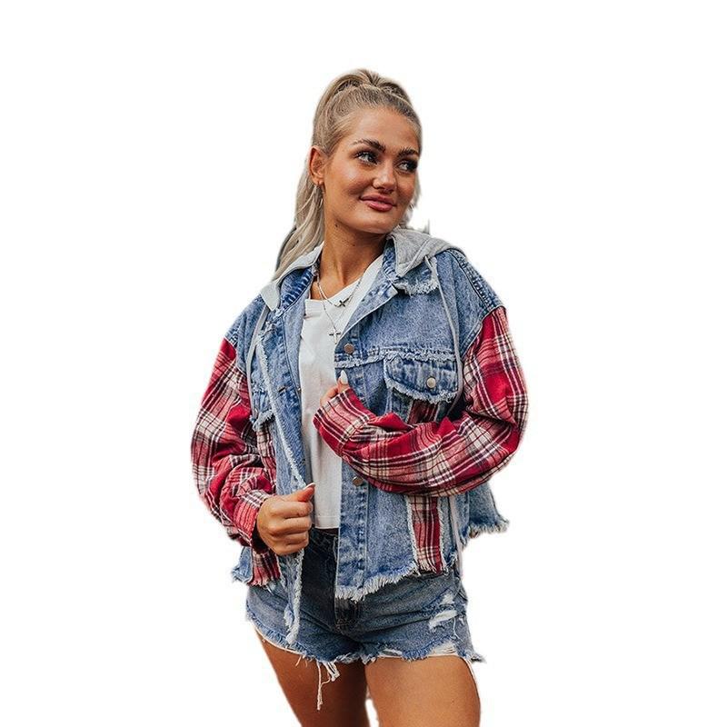 

Autumn Plaid Patchwork Denim Jacket - Single-Breasted European American Style X-Large