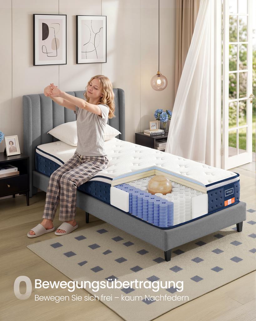 VASAGLE RMZ222QZ02 90 X 200 X 25 Cm Medium Firm Gel Memory Foam Pocket Spring Mattress H3 7-Zone Support Motion Isolation Breathable Cover Blue