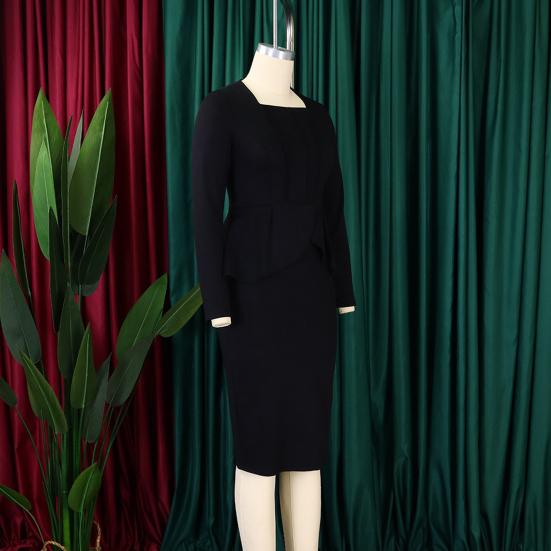 Long Sleeve Elegent Lady Formal Bodycon Dress Decor O-Neck Knee-Length Women Ruffles Patchwork Workwear