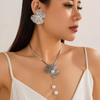 Copper Petal Earrings Necklace Suit Pearl Pendant Women Jewelry Suit Sweet Flower Jewelry Set  Gift