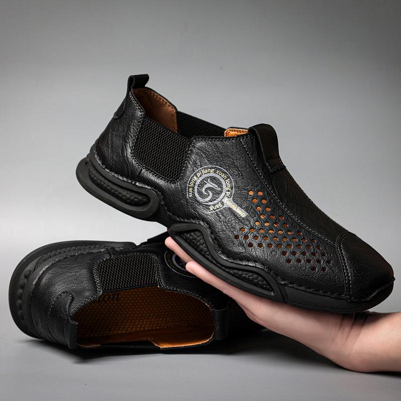 

Лето 2025 года, новый продукт, взрыв внешней торговли, оснастка, полые дышащие мужские повседневные кожаные туфли, эластичные мужские туфли большого размера для улицы 38 чёрный