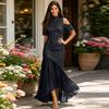 Rochie de damă casual și la modă, cu umerii goi, mânecă scurtă și tiv din plasă