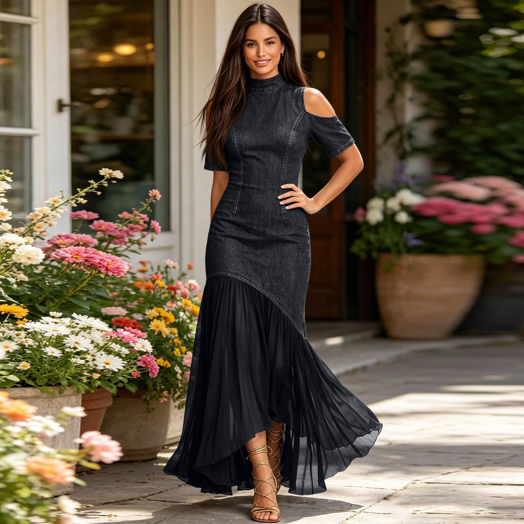 Rochie de damă casual și la modă, cu umerii goi, mânecă scurtă și tiv din plasă