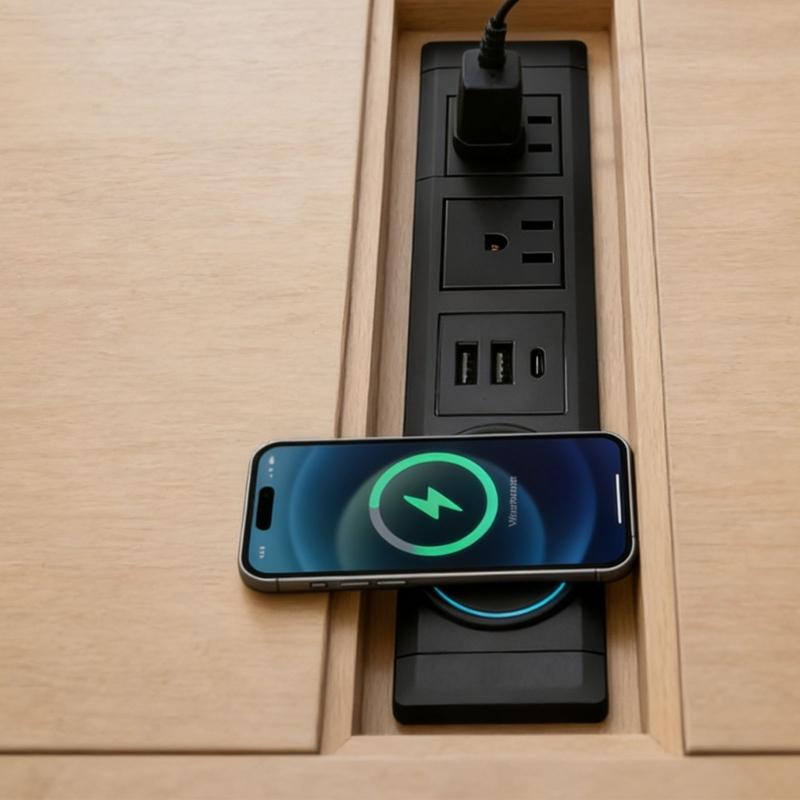 Multiunction Desk Mounted Charging Station Support Wireless Charging 2 110V Socket And 2 USB Port 1 Type C Port