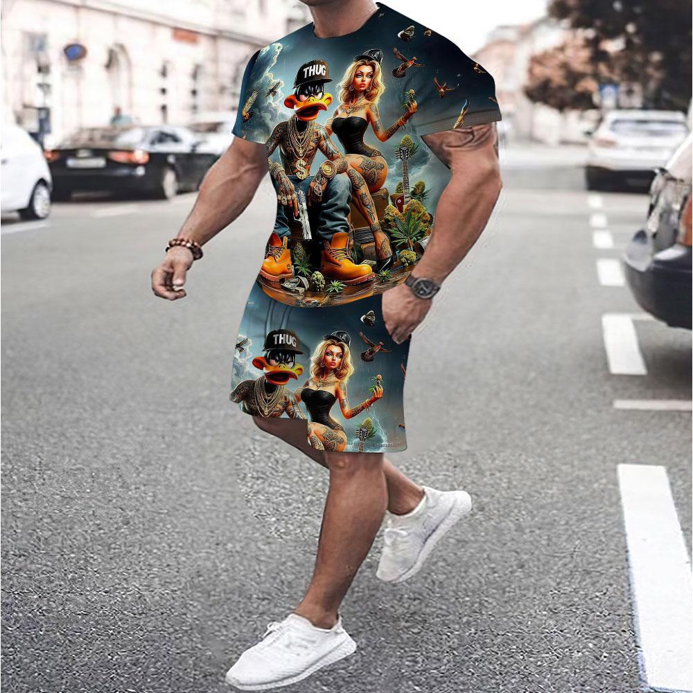 

Забавный мужской комплект футболка и брюки с мультяшным принтом утки, летняя повседневная футболка с коротким рукавом, пуловер, уличная мужская одежда оверсайз S