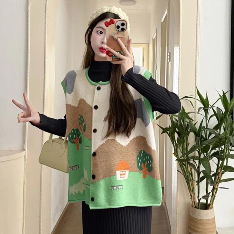 Autumn Winter Jacquard Knit Cardigan Vest Women Oversized Sleeveless Sweater Coat